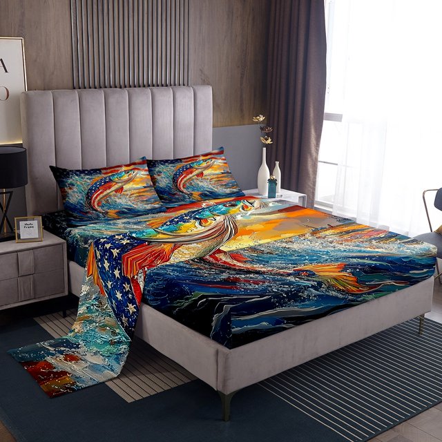 Erosebridal Bass Fish Queen Sheet Sets, Rustic Fishing Bedding Queen Size, US Flag Print Decor 4 Pieces