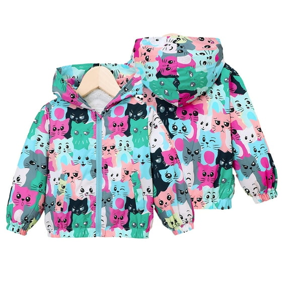 Esaierr Girls Hooded Jackets Spring Fall Lightweight Jacket for Kids Toddler Windbreaker Cartoon Printing Padded Jacket Outwear 2-7 Years
