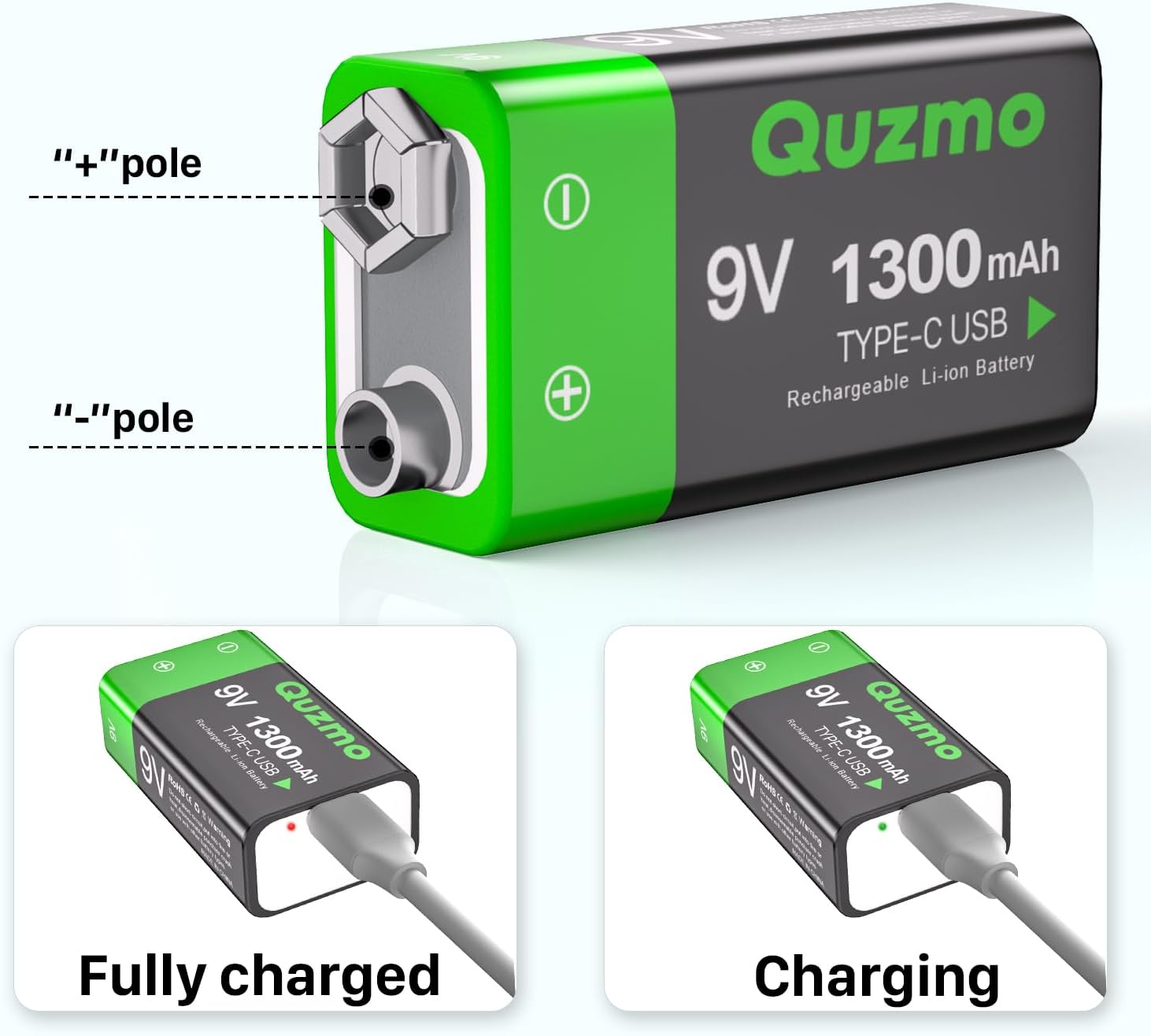 2-Pack Rechargeable 9 Volt Lithium-ion Batteries, 1300mAh Long Lasting Power, USB-C Recharge with 2 in 1 Charging Cable for Smoke Alarms,Multimeters,Microphones,Walkie-Talkie,Toys
