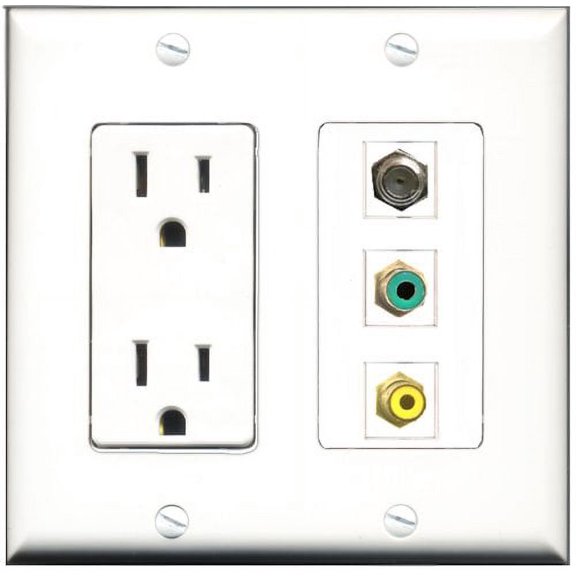 RiteAV - 15 Amp Power Outlet 1 Port RCA Yellow 1 Port RCA Green 1 Port Coax Decorative Wall Plate