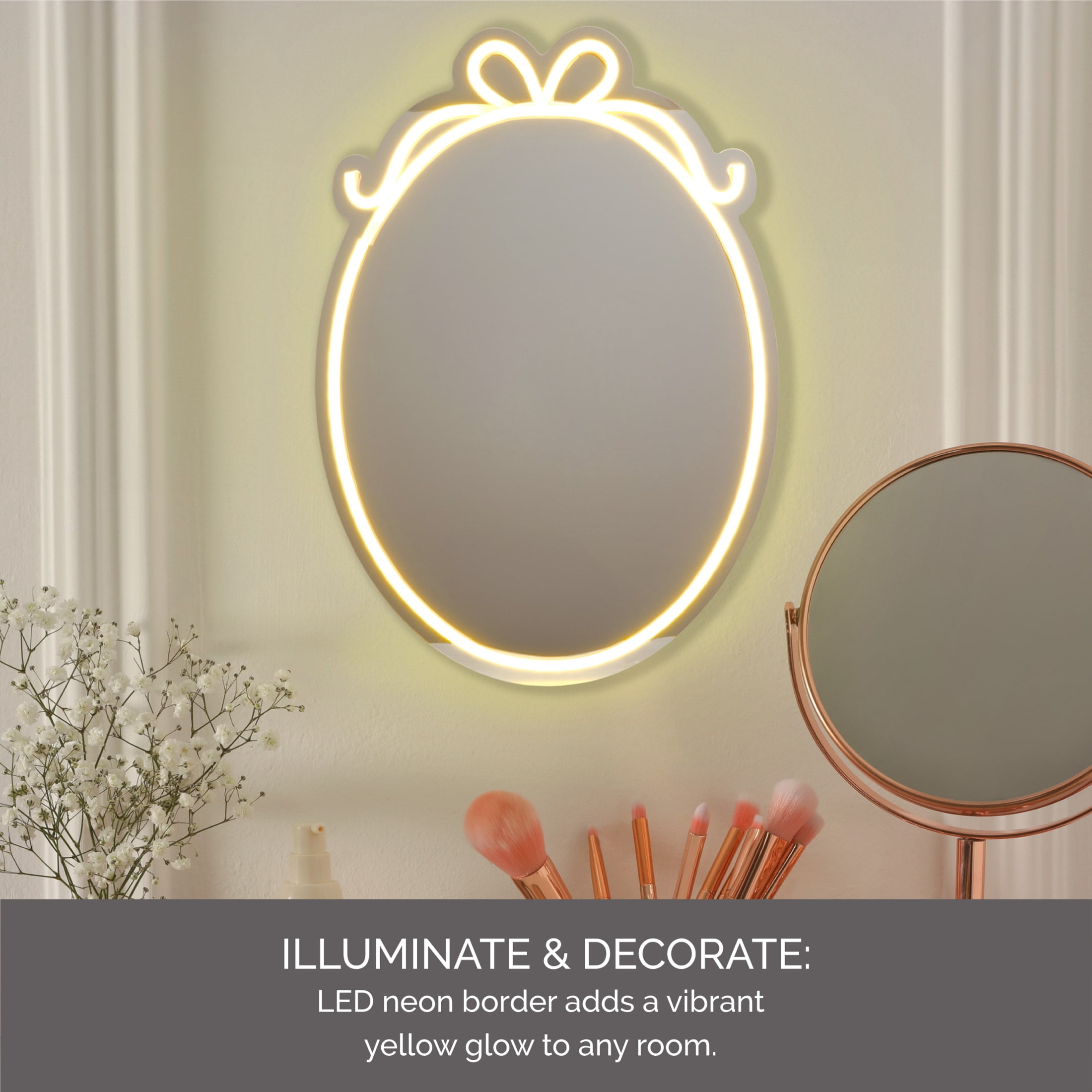 Melannco 11 X 15.4 inch Oval Bow Design Mirror with Neon Led Lights