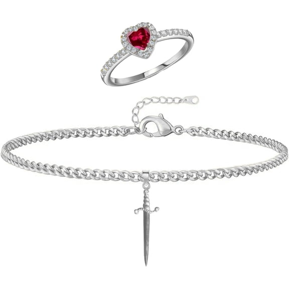 Heart Ring Sword Bracelet Set for Couple Gold Plated Silver Heart Ring Sword Link Chain Bracelet Red Stone Promise Ring for Her Sword Through Heart Valentine Anniversary Trendy Jewelry