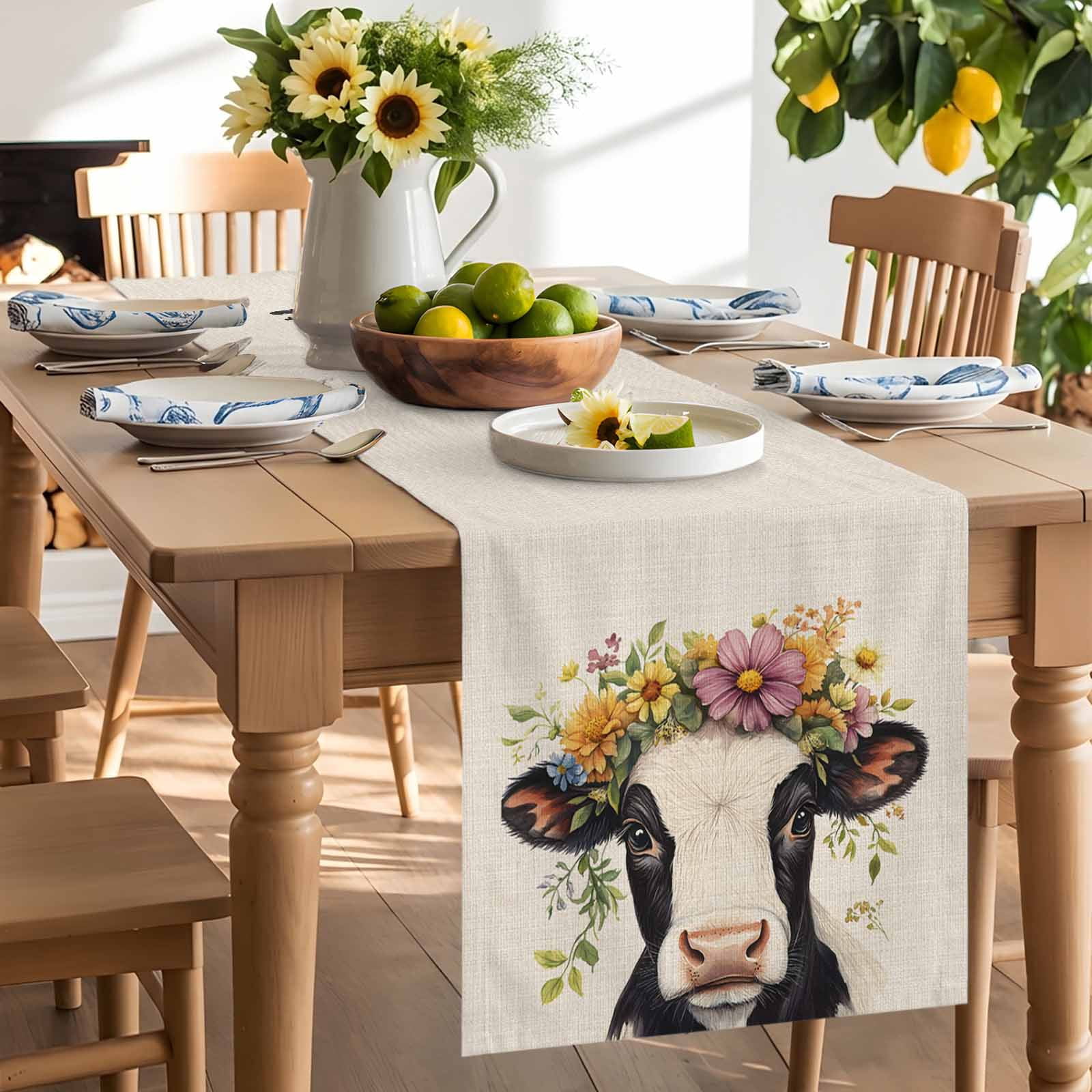 Farmhouse Cow Colorful Garland Table Runner 90 Inches Long, Retro Linen Texture Table Runners Tabletop Scarf Kitchen Dining Tables Decoration for Home Party Indoor Outdoor