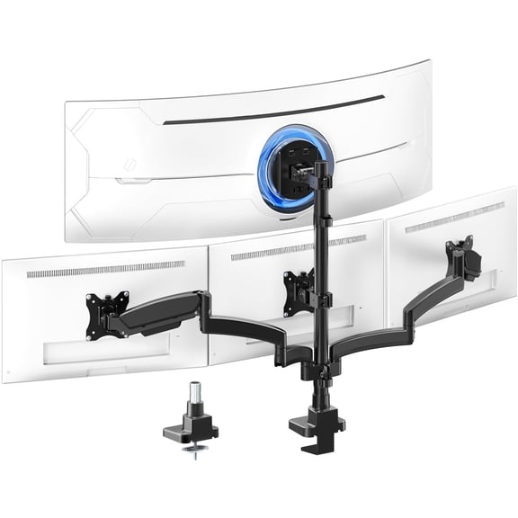 PUTORSEN Quad Monitor Mount for up to 49’’ Ultrawide on Top Bracket and 27’’ Screens on Lower Brackets, Holds up to 44lbs, C-Clamp & Grommet Base