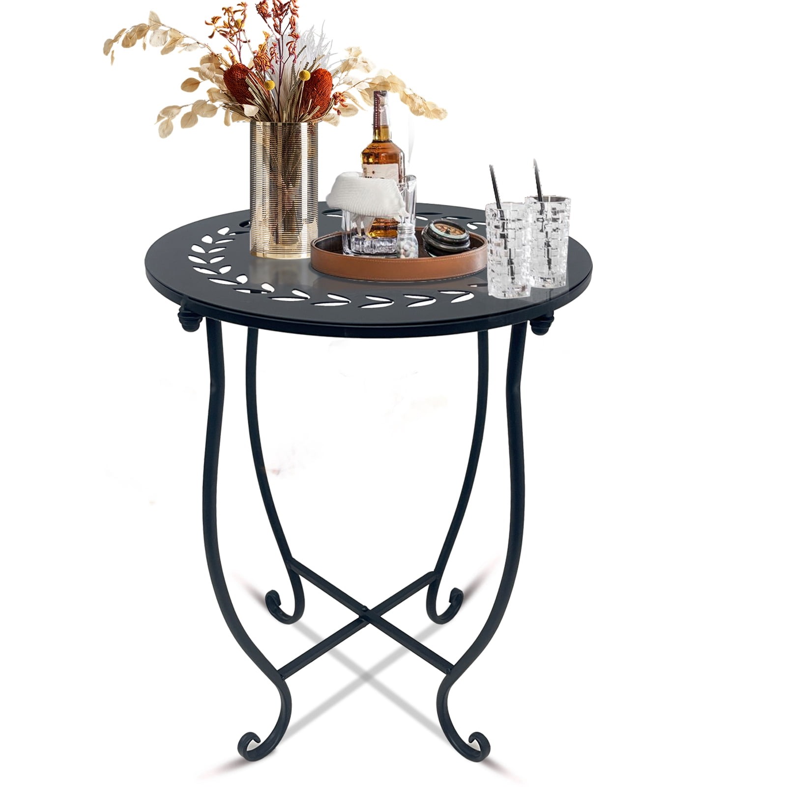 KABB 17-Inch Tall 14 inch Round End Table, Unique Relief Ceramic Tile Tabletop, Metal Scrollwork Accent, Black