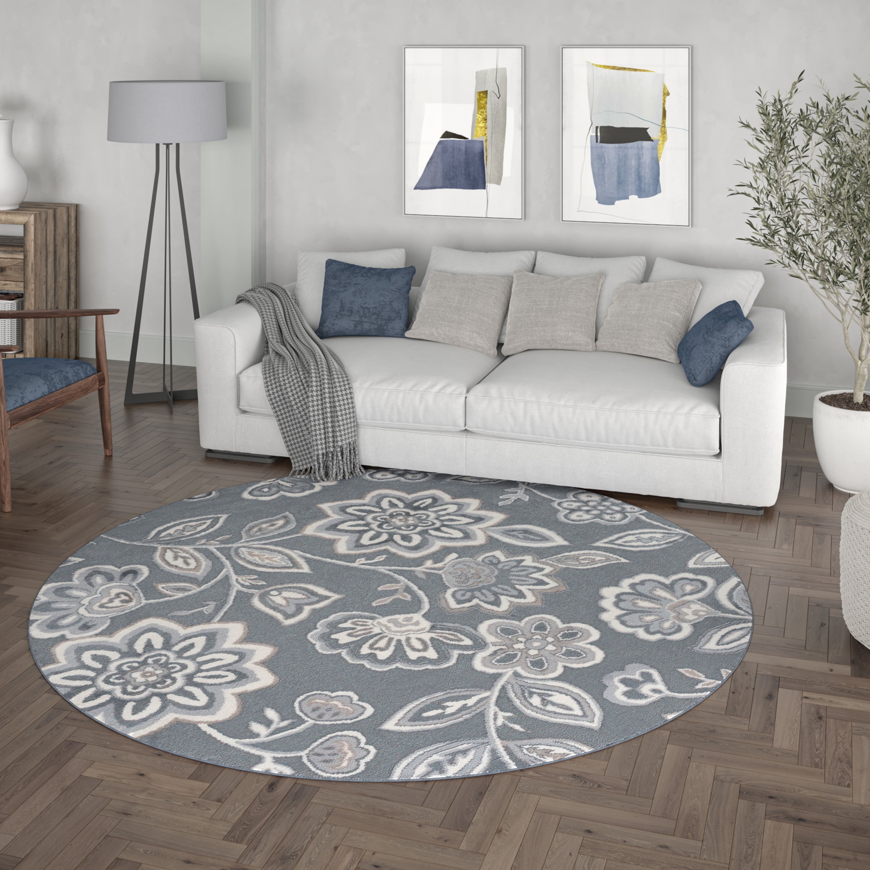 Madison Transitional 5' Round Gray and Cream Polypropylene Indoor Area Rug