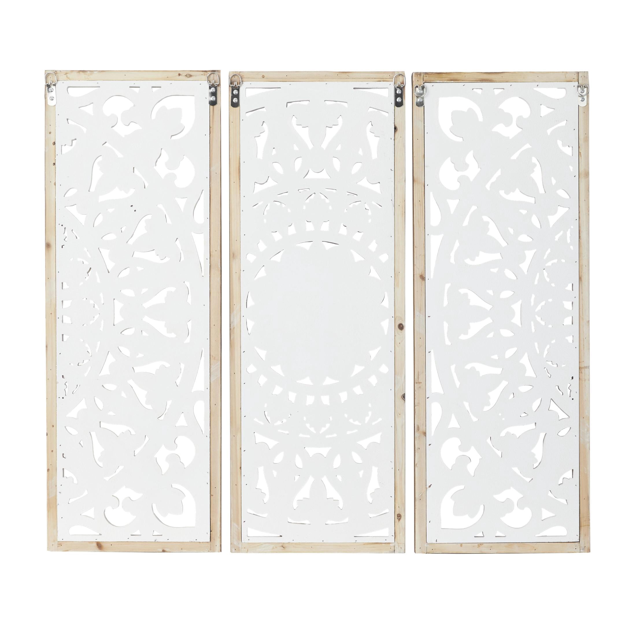 DecMode White Wood Intricately Carved Floral Wall Decor with Mandala Design (3 Count)