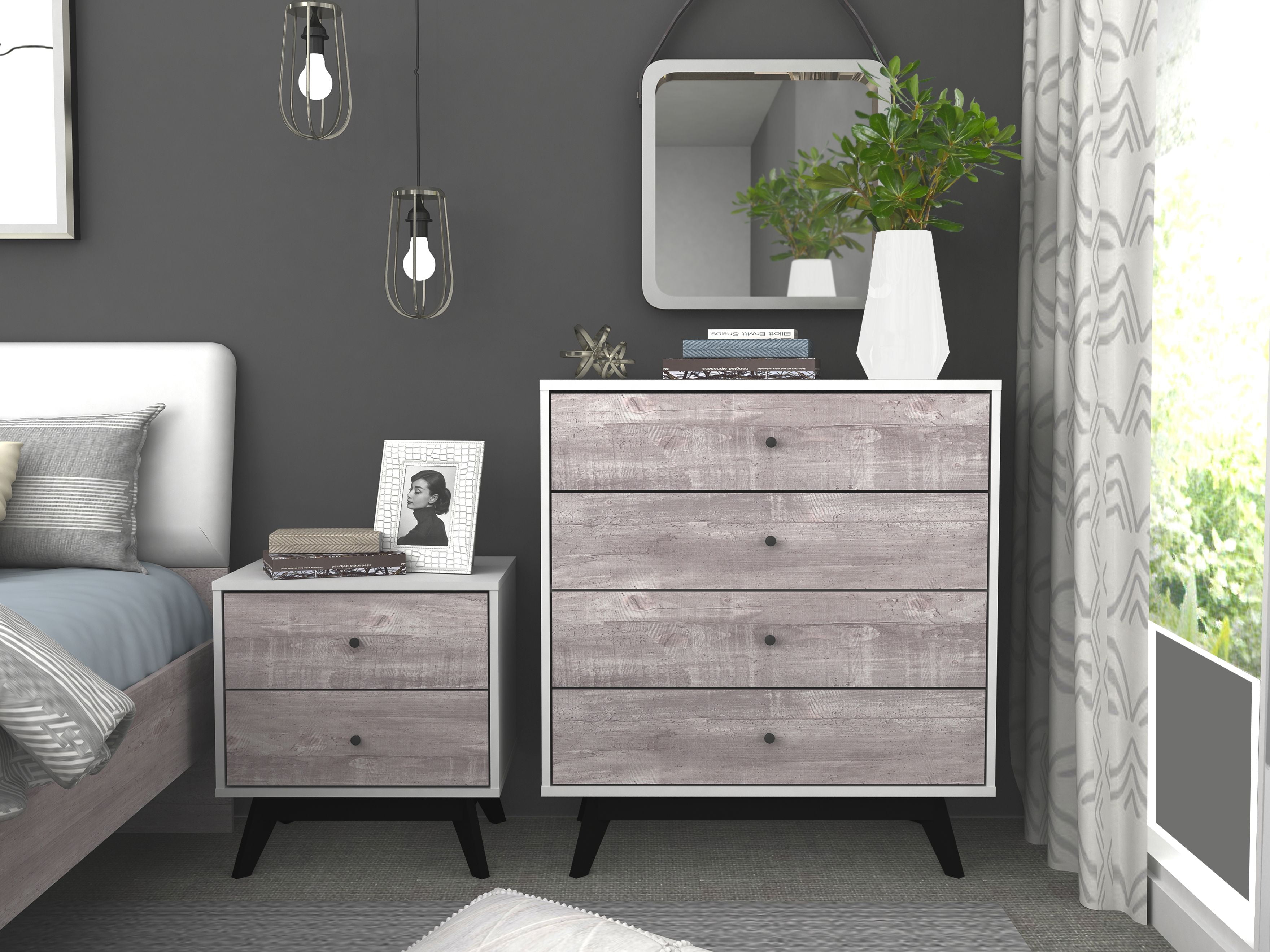 TMS Crislana Mid-Century Nightstand with Two Gray Faux Concrete Drawers, WHite/Black