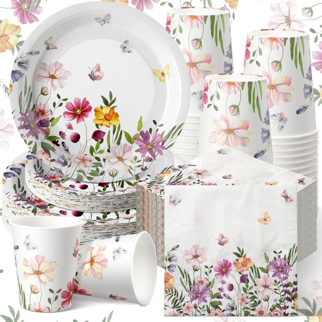 Set de Vajilla de Fiesta Floral de Flores Silvestres de Primavera Decoraciones de Fiesta Platos y Servilletas Desechables para Boda Cumpleaños