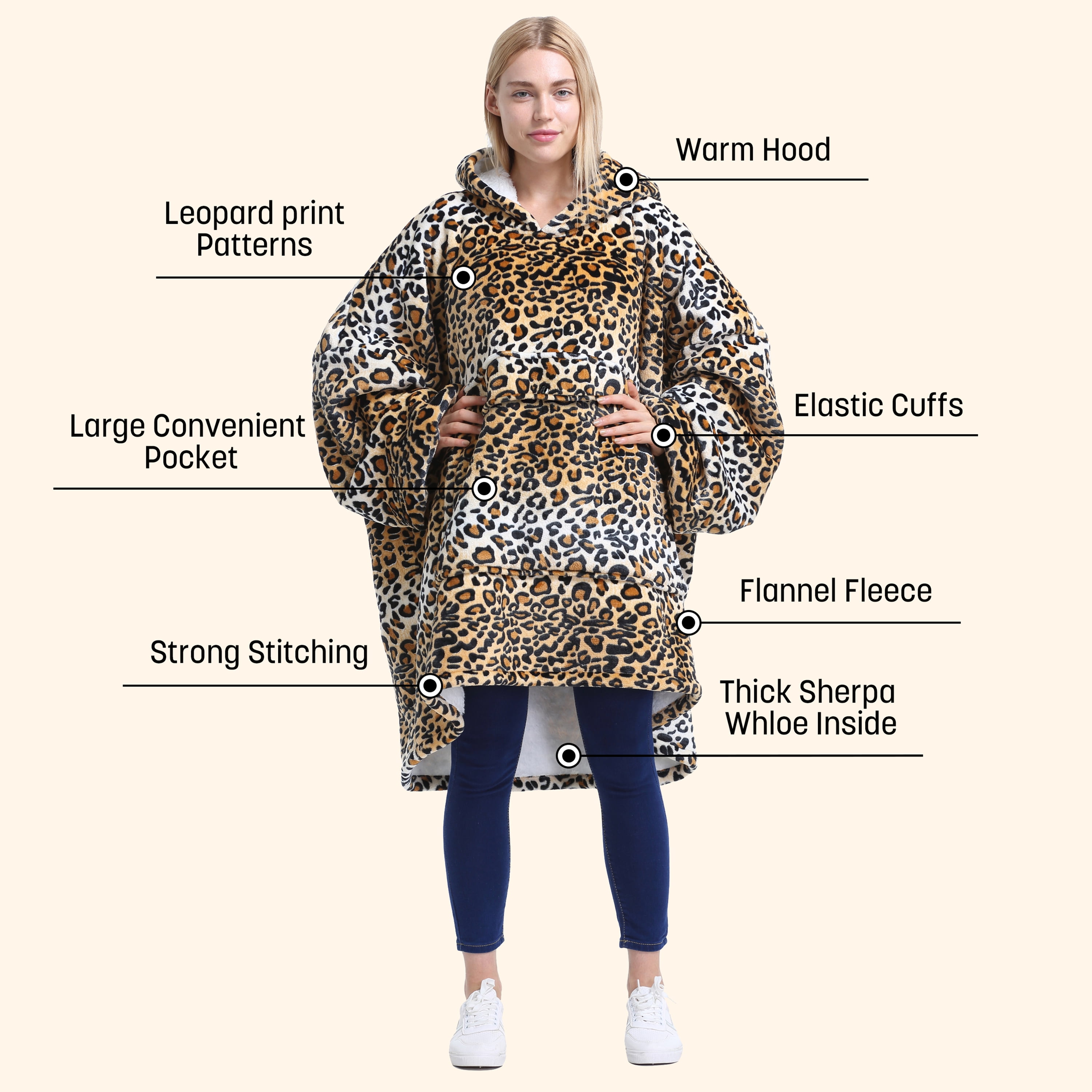 Womens Oversized Flannel Blanket Hoodie Sweatshirt, Plush Fleece Lined Lounging Pullover, Christmas Gift for Women (Cheetah) - Catalonia