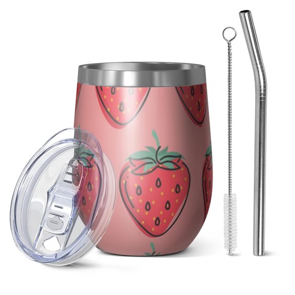 12oz Stemless Wine Tumblers Pink Strawberry Plants Fruit Vacuum Insulated Stainless Steel Travel Tumbler Cups Mug with Lid and Straw for Champaign,Cocktail,Beer with Cleaning Brush