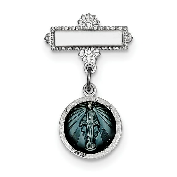Sterling Silver Blue Enameled Miraculous Medal Pin - 2.4 Grams - Measures 28x18mm Wide