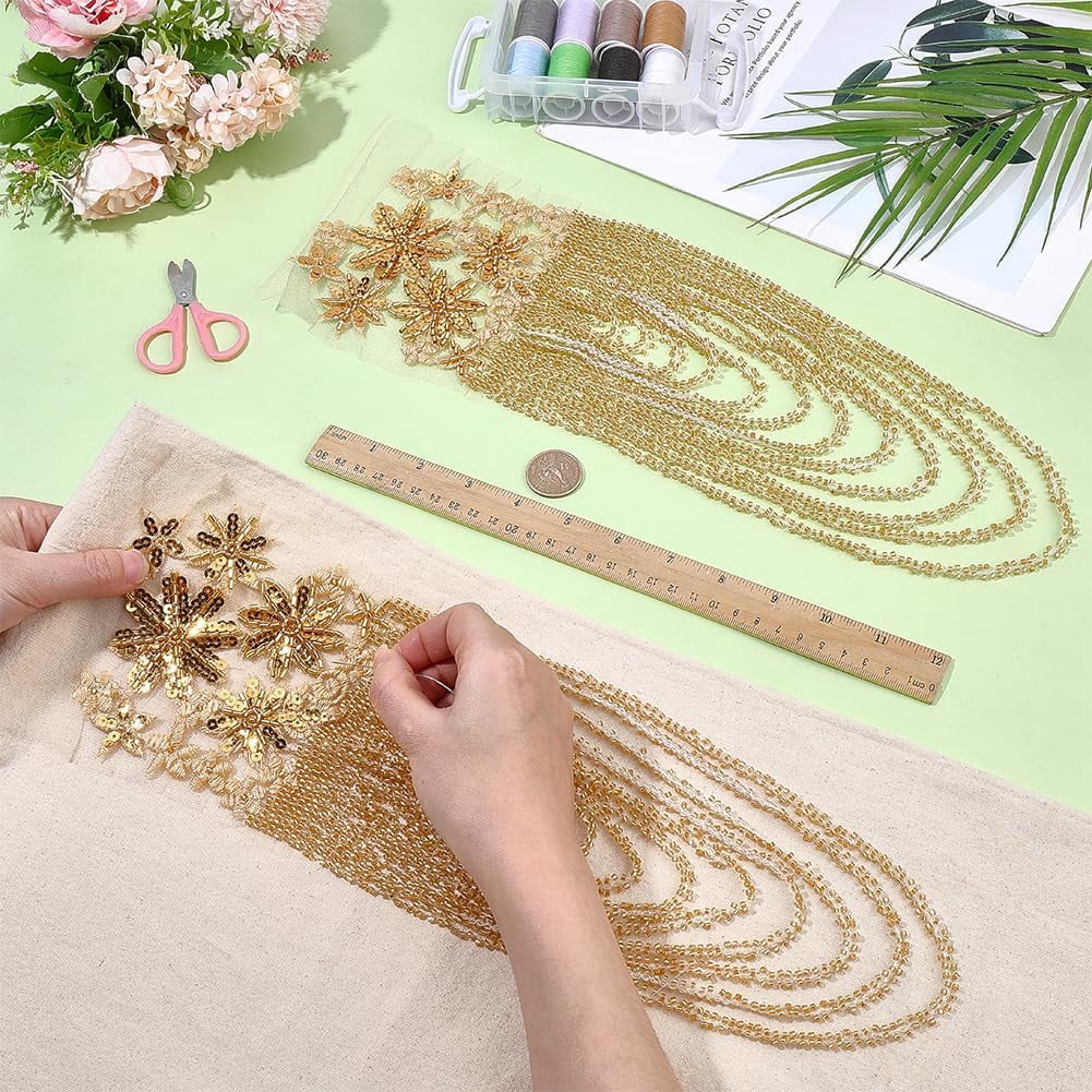 ABPETE 1 Pair Handmade 3D Flower Rhinestone Applique 14.96~16.54inch Long Goldenrod Sewing Crystal Fringe Beads Sequins Patches Embroidery Beaded Epaulettes for Evening Gown Wedding Dress Decor