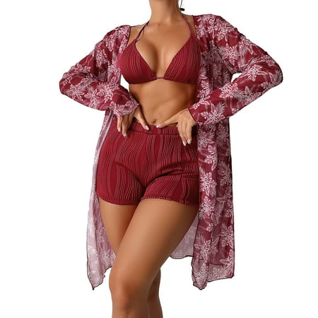 XUELUO Womens Bikinis Solid Color Sexy Halter Push Up Bra And High Waist Panty Set Long Sleeve Cover Up Three Pieces Tankinis Swimwears Holiday Wear