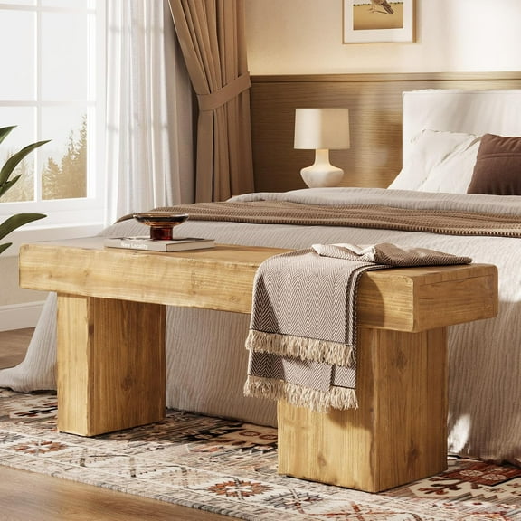 Fimind Thickened Solid Wood Bench, 47" Rustic Farmhouse Entryway Bench with Artistic Legs, Heavy-Duty Dining Seat for Kitchen, Living Room, Hallway, Bedroom, Natural