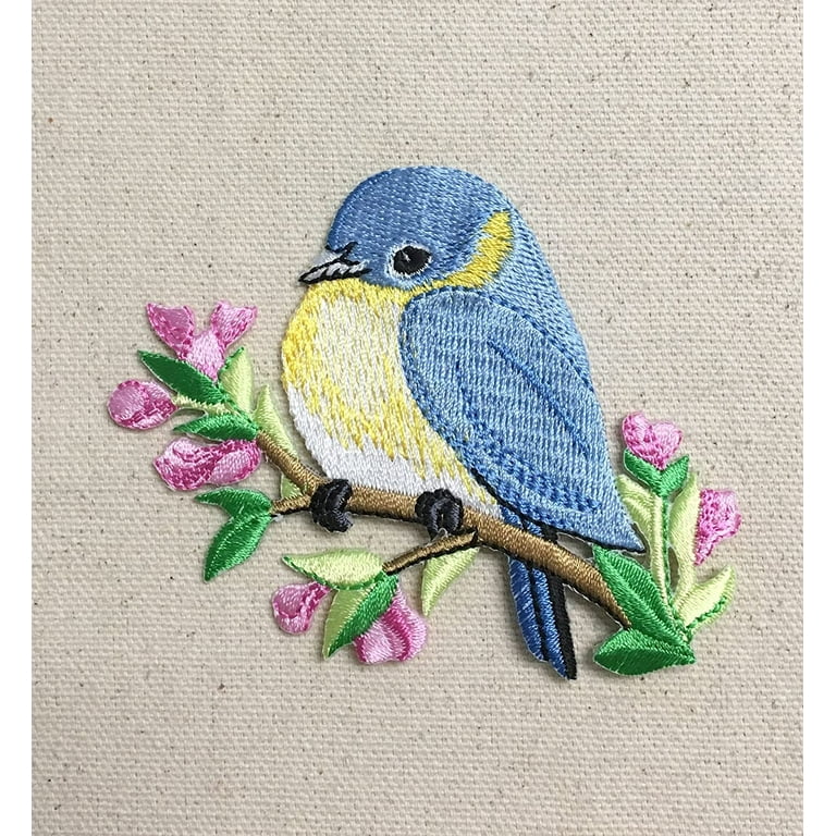 Iron on Blue Bird with Pink Flower Patch Iron on Blue Bird with Pink Flower Patch