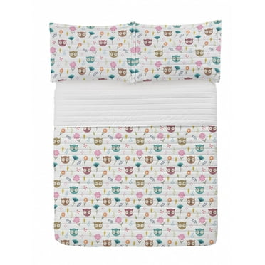 Cartoon Microfiber Bedspread Set, Repetitive Pattern Big Eyed Owl Heads Colorful Flowers and Abstract Motifs, Soft Bedding Set with Pillow Shams & Comforter, 3 Sizes, White Multicolor, by Ambesonne