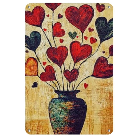Rustic Love Heart Tin Sign (8"x12") - Vintage Metal Wall Art with Vibrant Red Hearts and Floral Accents, Ideal for Living Room, Bedroom, Kitchen, Office, Bar - No Power Needed