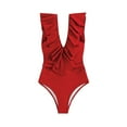 thumbnail image 4 of Womens Swimsuits Solid Color Flounce Hem One Piece Bathing Suit,Red,XL, 4 of 8