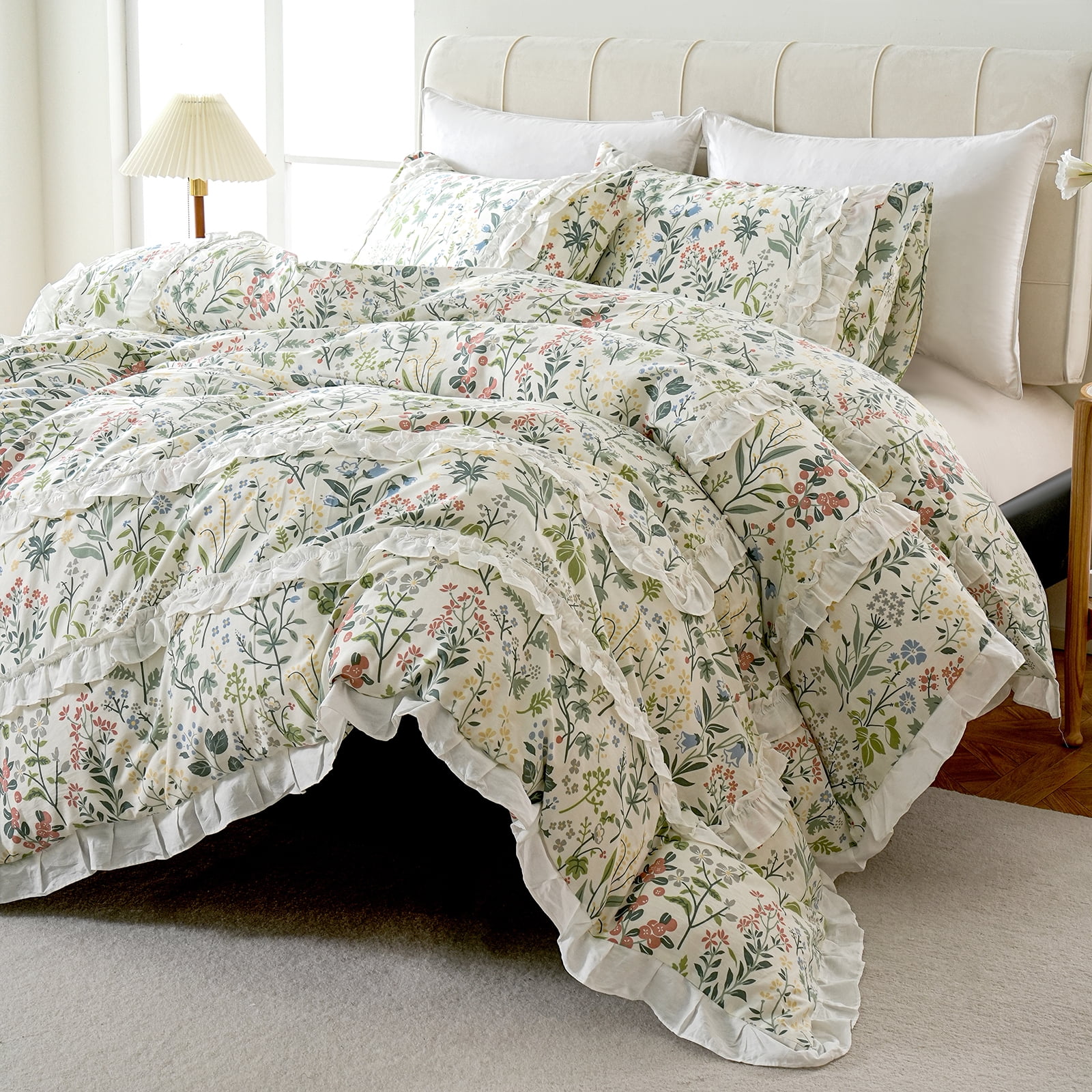 White Ruffle Duvet Cover Set 100% Cotton Green Floral Duvet Cover 3 Pcs Aesthetic Comforter Cover for All Seasons Soft Breathable Bedding Set with Zipper Closure