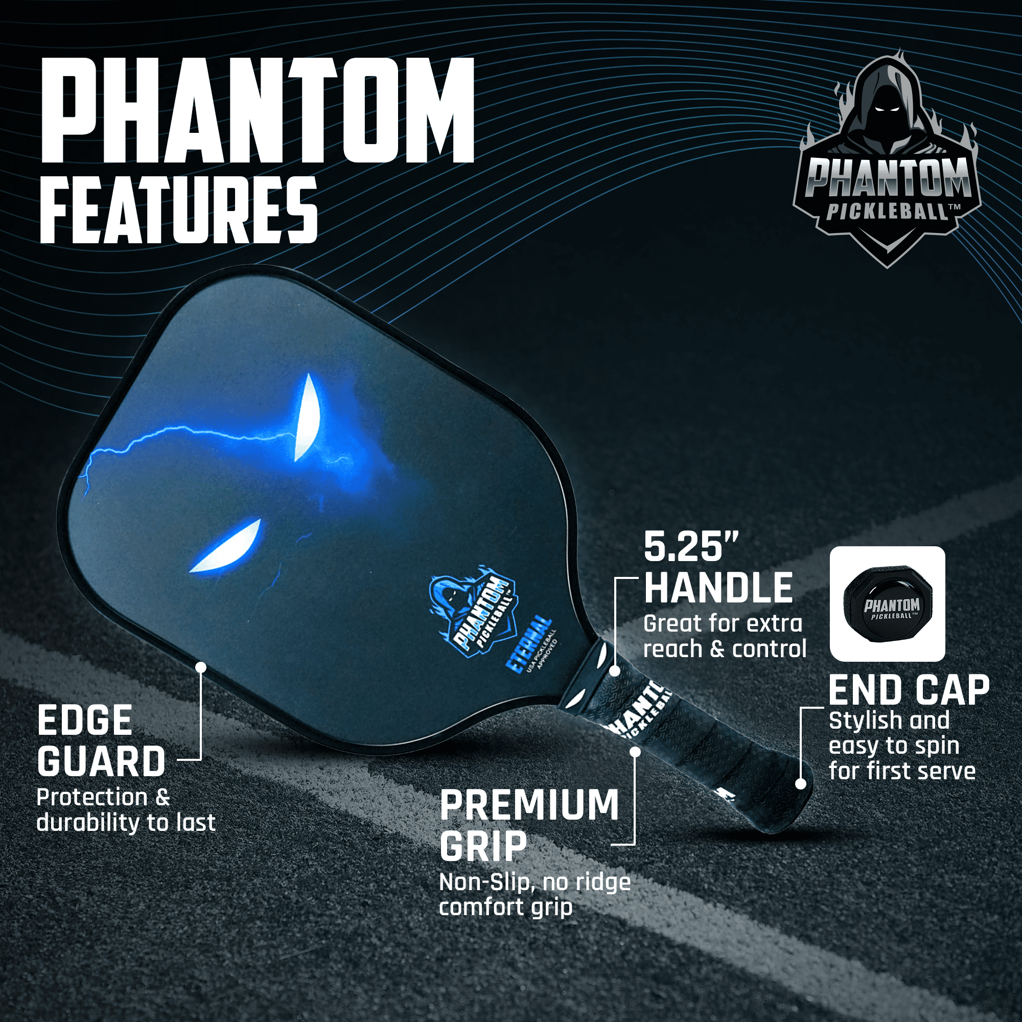 Phantom Eternal (Blue) 14mm T700 Carbon Fiber Pickleball Paddle with Cover
