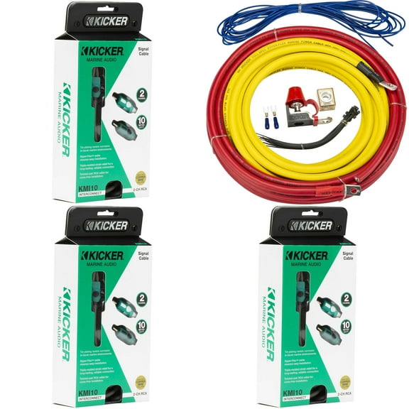 Kicker 47KMPK4 Marine 4awg Amp Power Kit & (3) 47KMI10 10 Meter RCA Cable