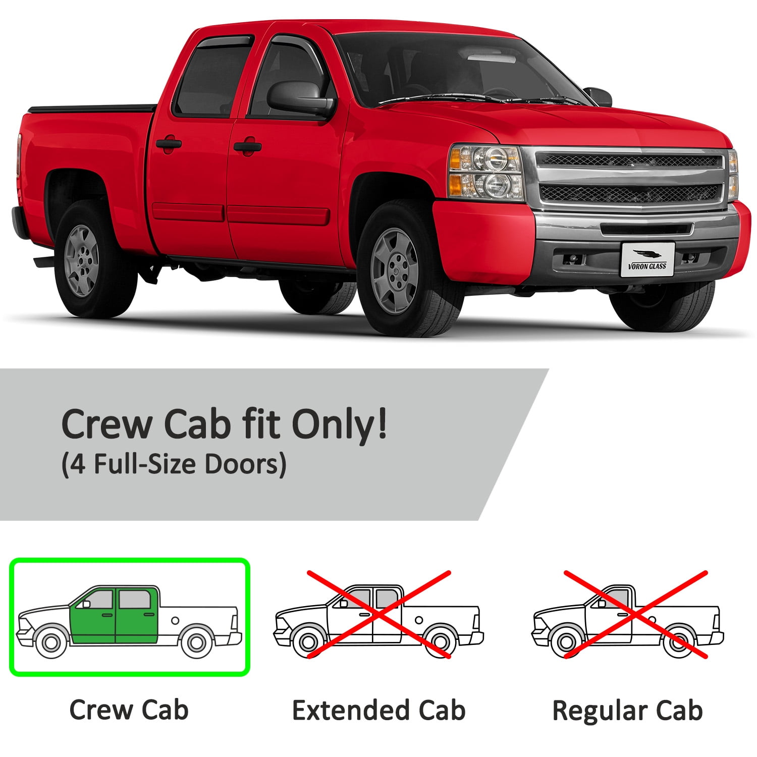 Voron Glass In-Channel Extra Durable Rain Guards for Trucks Chevrolet (Chevy) Silverado/GMC Sierra 2007-2013 Crew Cab, Window Deflectors, Vent Window Visors, 4 Pieces - 220002