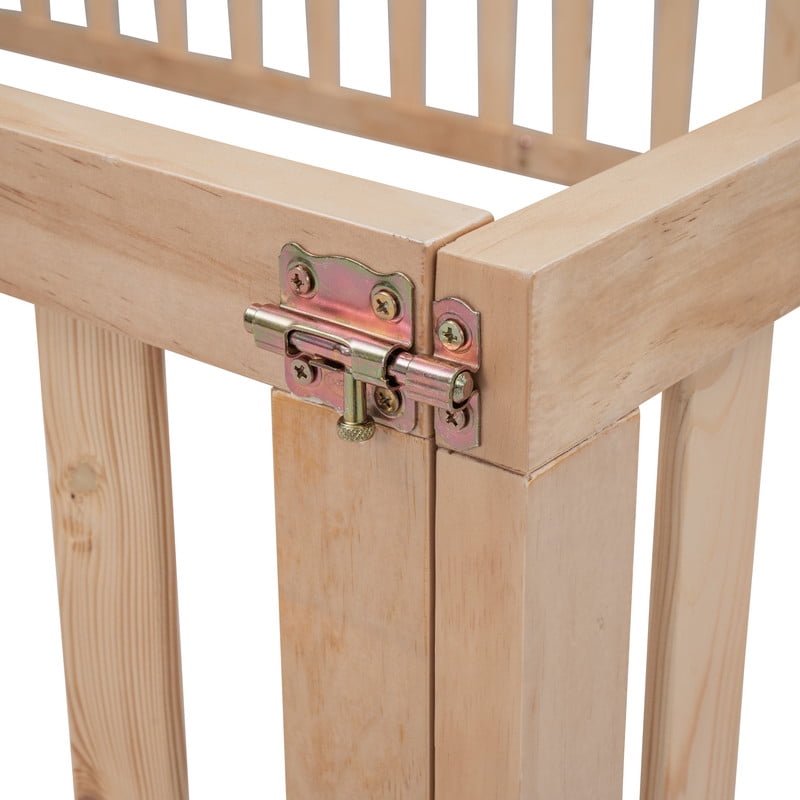 Full Size Wood Floor Bed with Door & Fence, Montessori Bed Frame with Full Length Safety Guardrails, Wood Full Bed with Slats, No Box Spring Needed- Natural