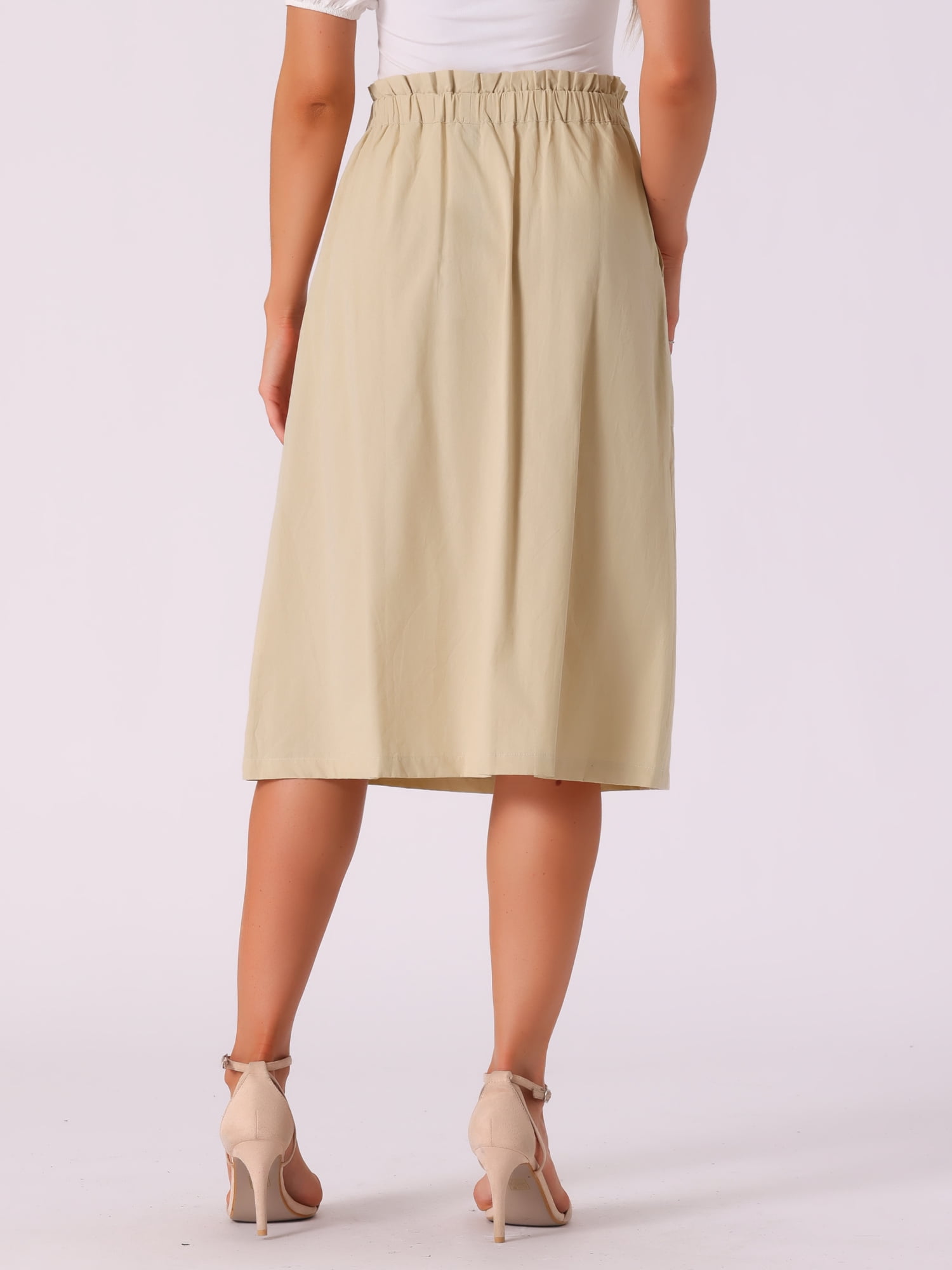 DARING DIVA Women's Cotton A-Line Midi Skirt with Pockets M Khaki