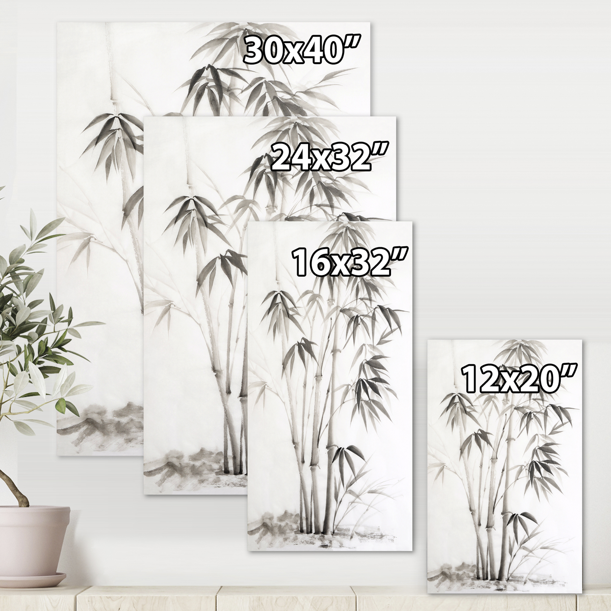 Designart ' Vintage Black and White Bamboo II ' Traditional Canvas Wall Art Print