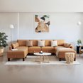 thumbnail image 4 of 128" Sleeper Sofa Couch, Large Sofa Bed with Storage, Faux Leather 8 Seater Sofa Couch, Mid Century Modern Couch Sofa for Living Room, Guest Room, House, Apartment, Office, Loft, Tan, 4 of 26