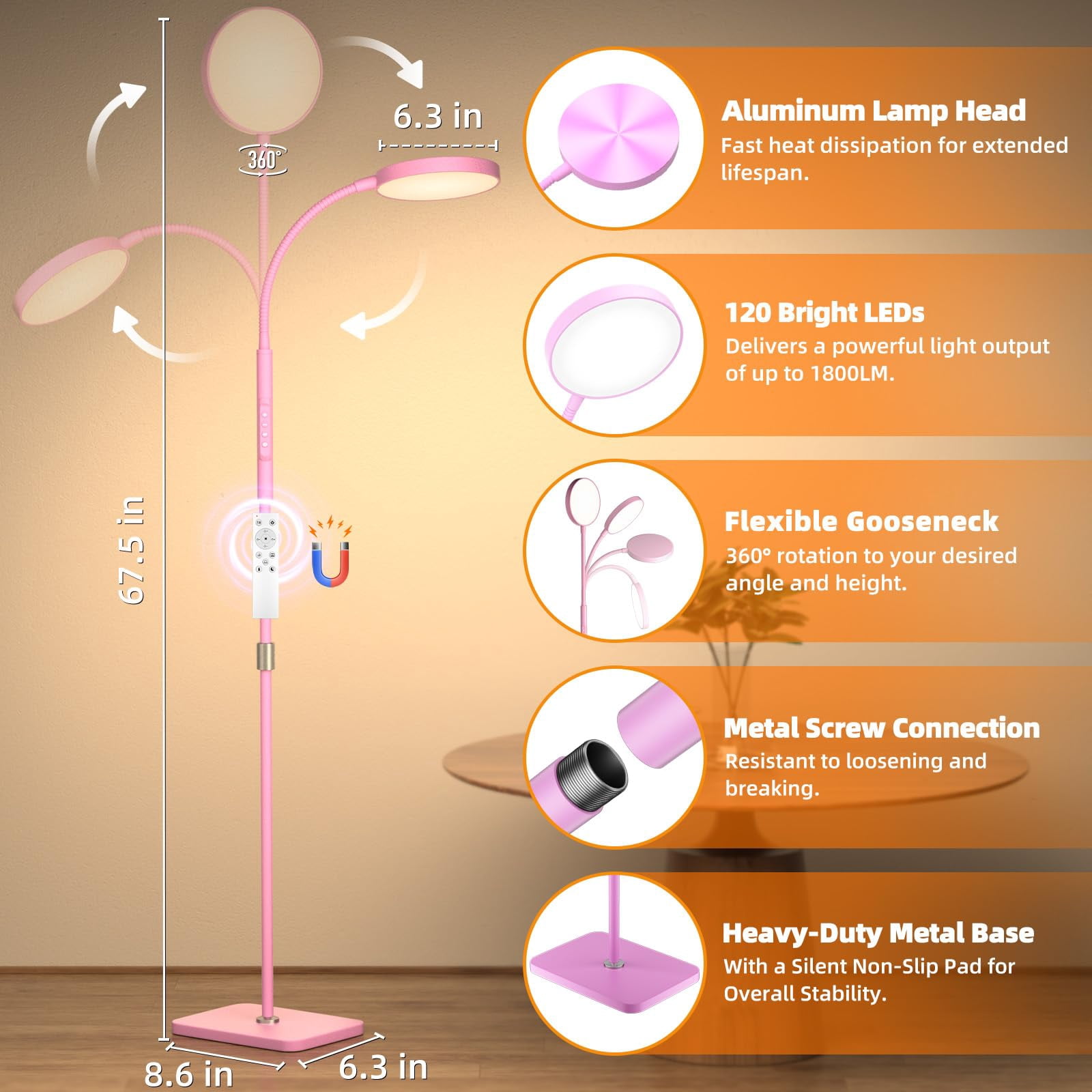 Floor Lamp  Adjustable Height Lamps For Living Room Bedroom 120 Led Super Bright Standing Remote Control Dimmable Gooseneck Tall Stand Reading Office Craft Pink