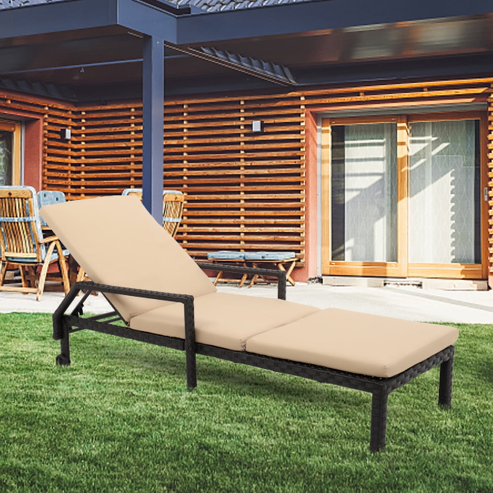 Outdoor Chaise Lounger, Adjustable Patio Chaise Chair with Wheels, All Weather Rattan Lounge 