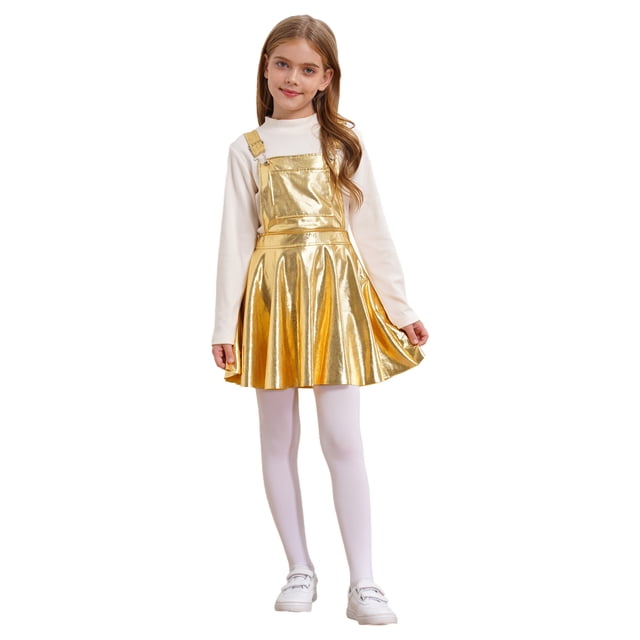 TiaoBug Costume de Danse Jazz Disco pour Filles Enfants Robe Salopette Métallique Réglable Robe Évasée pour Carnaval Or 14