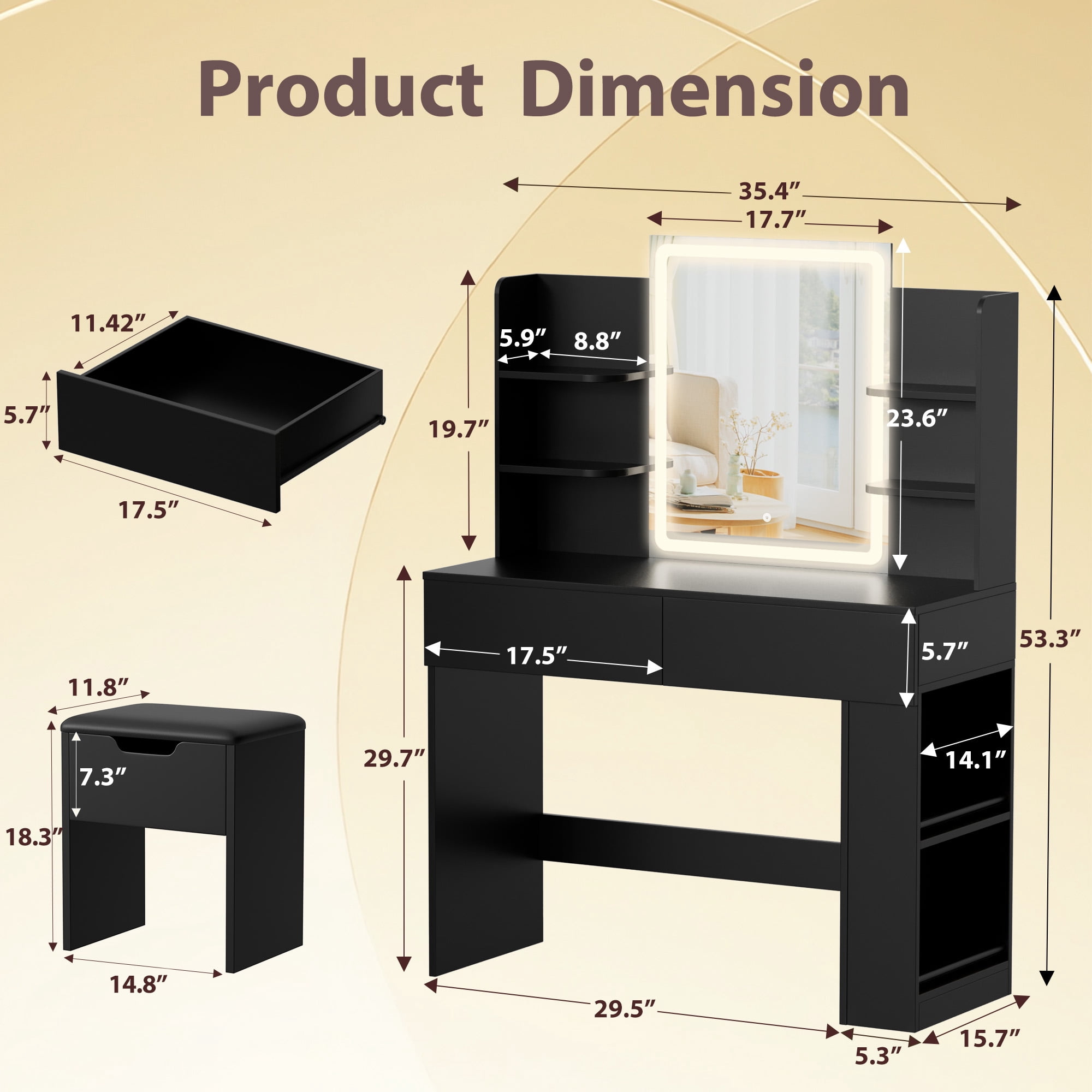 Homall Vanity Desk Set with 3 Colors LED Lighted Mirror, Makeup Vanity with Stool, Storage Shelves and Drawers, Vanity Table Dressing Table for Bedroom, Black