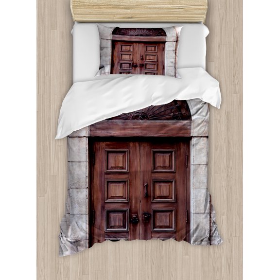 Rustic Duvet Cover Set, Arched Wooden Venetian Door with Eastern Royal Ottoman Elements European Culture, Decorative 2 Piece Bedding Set with 1 Pillow Shams, Twin Size, Brown Cream, by Ambesonne