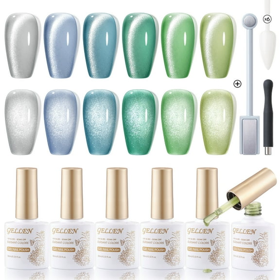 Gellen Cat Eye Gel Nail Polish Kit, 6 Colors Glitter Green Cat Eye Gel Polish with Magnet, Soak Off UV/LED Nail Gel Kit, Salon Nail Art Valentine Gifts for Women
