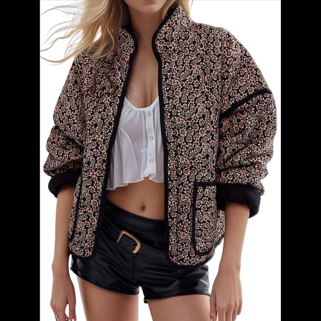 Chaqueta Acolchada Corta con Estampado Floral Vintage para Mujer, Chaqueta Corta Abierta Al Frente, Ropa de Abrigo Naranja y Negro M