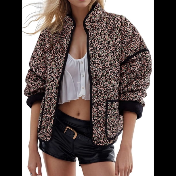 Chaqueta Acolchada Corta con Estampado Floral Vintage para Mujer, Chaqueta Corta Abierta Al Frente, Ropa de Abrigo Naranja y Negro M