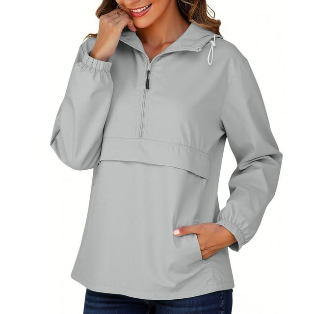 Sevevn Veste de Pluie Unie pour Femmes Vestes d'Extérieur Imperméable à Capuche Coupe-Vent Gris G