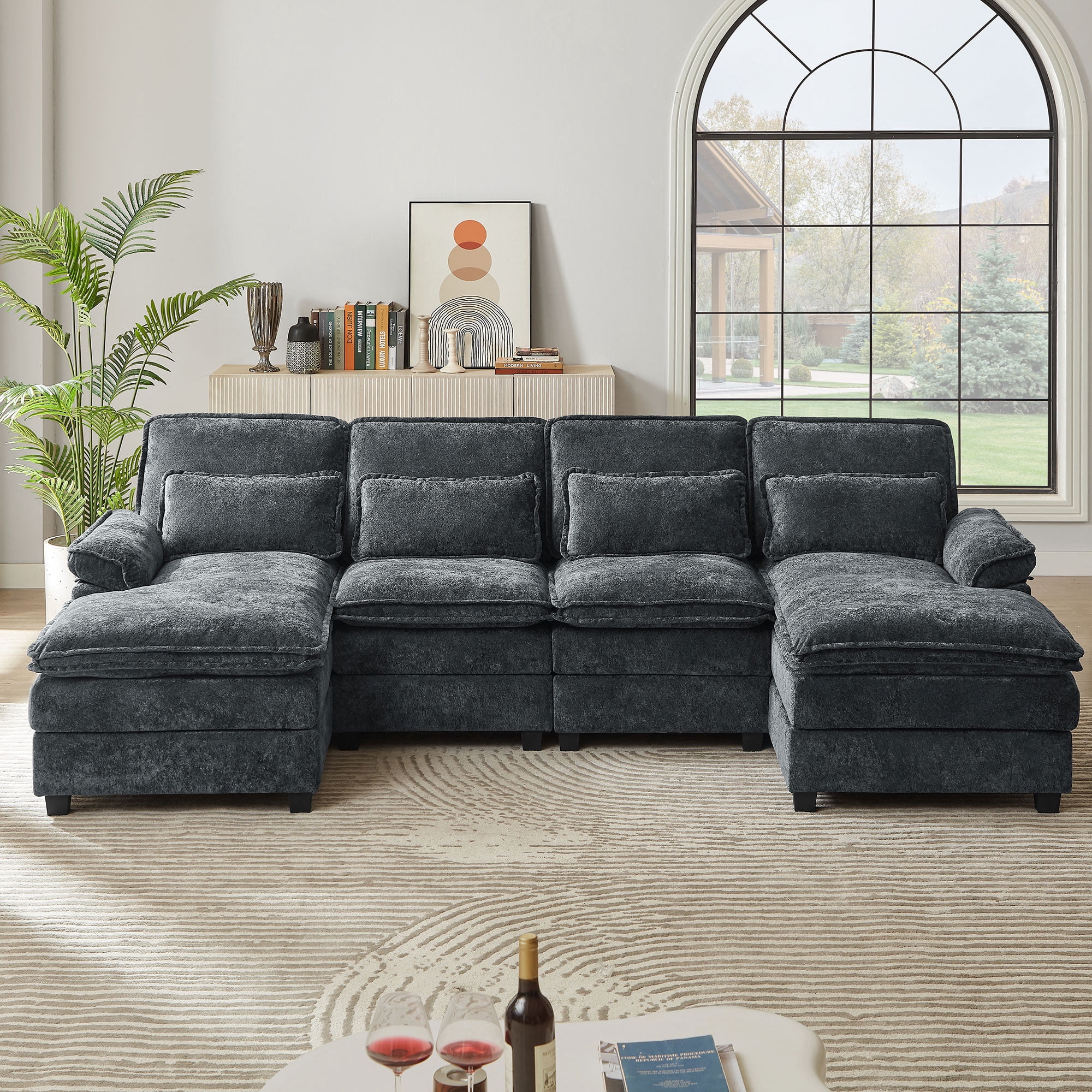 Pingliang Home Oversized Sectional Sofa U Shaped Couch 4 Seat with 4 Waist Pillows,Chenille Upholstery Symmetrical Sleeper Sofa Cloud Couch with Double Chaise Lounge for Living Room Apartment Office