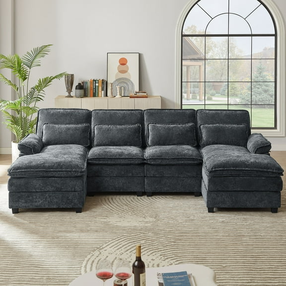 Jarenie Modern Fabric U-Shapped Sofa Sectional Couche for Living Room Convertible Sofa with Ottoman Darkgrey