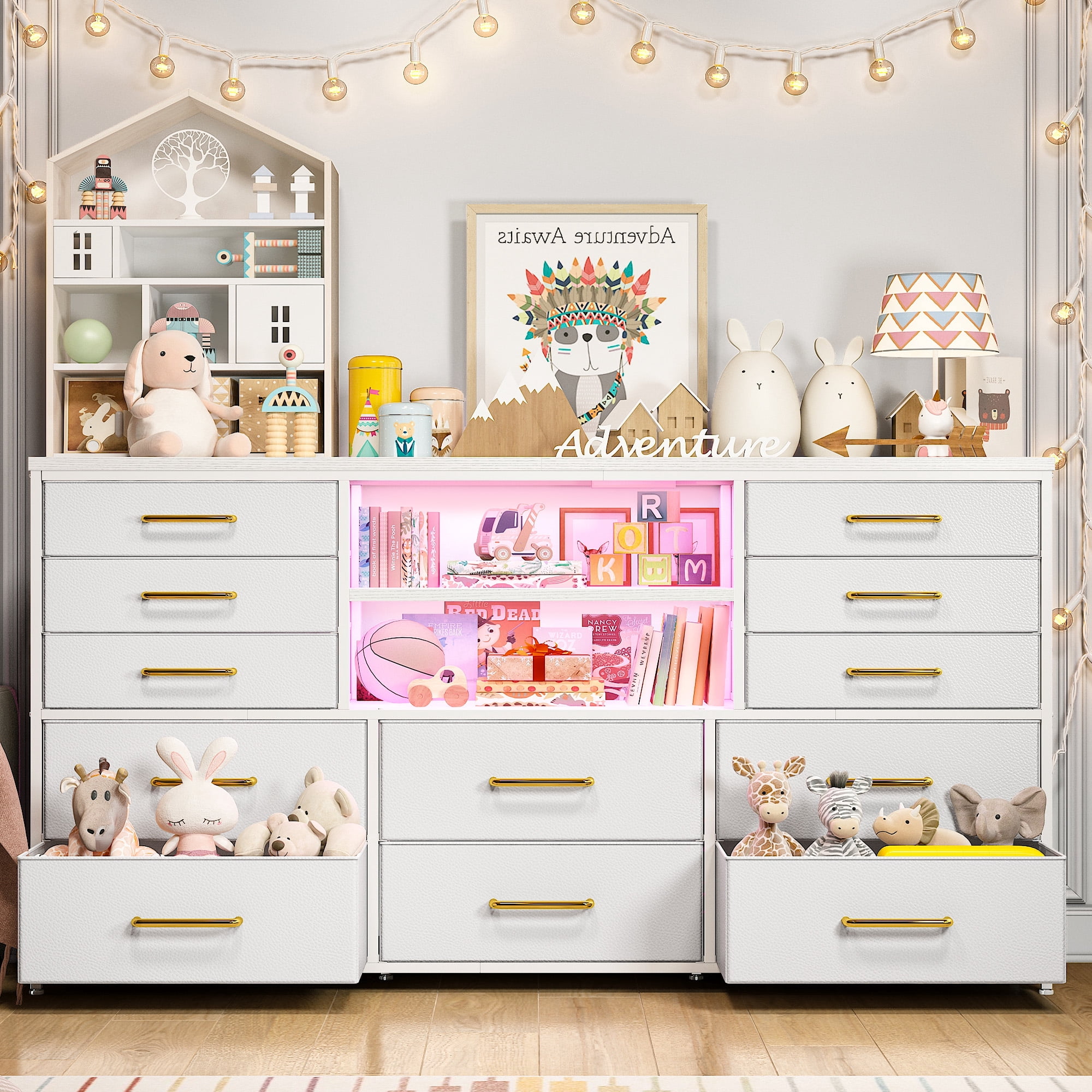 EnHomee White Dressers for Bedroom with LED Lights TV Stand with Power Outlet for 55'' TV with 12 Fabric Drawers