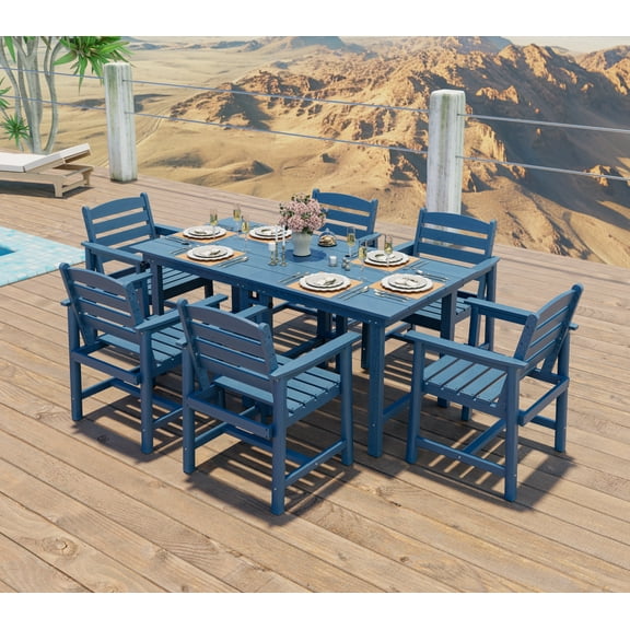 Rectangular 6 - Person 67“ L Outdoor Patio Dining Table Set with 6 Arm Chairs Extendable HDPE Plywood