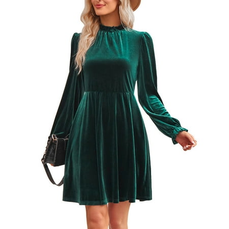 Olyvenn Womens Elegant Outing Tunic Midi Dress Flared Long Sleeve Prom Dress Fashion Velvet Elegant Solid Color House Dress Ruffle Mock Neck Pleated Swing Comfy Loose Casual Smocked Green 4