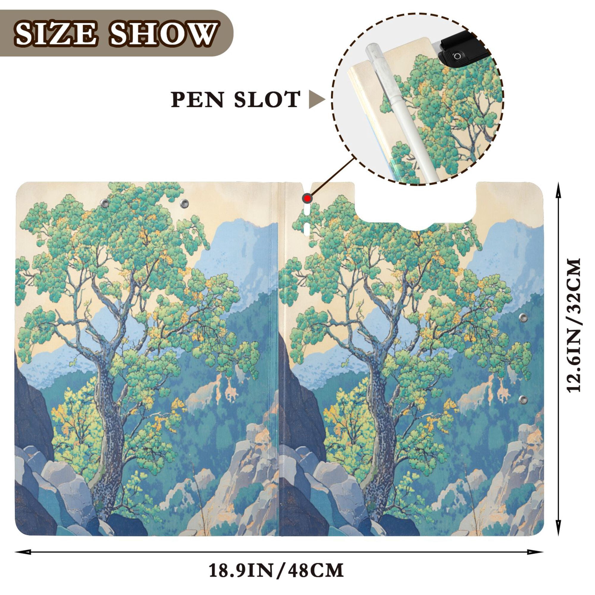 FORMRS A4 Clipboard Folder with Pen Holder Horizontal Foldable School Office Binder, Beige Tree