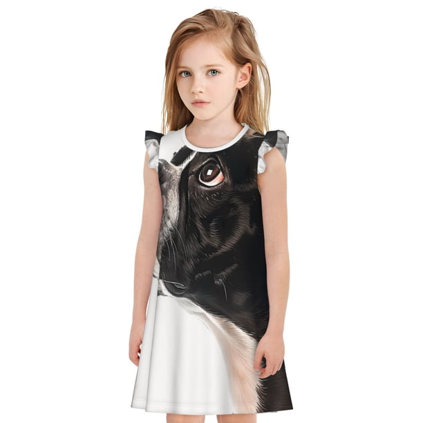 Fotbe Black And White Boston Terrier Vestido de Dormir para Niñas de 3 a 10 Años, Mangas Cortas, Estilo Princesa, Pijama Camisón con Mangas Voladas-Small