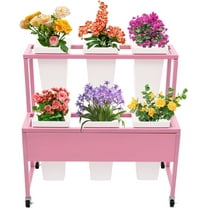 2 Tiers Flower Display Stand with 6 White Square Buckets Plant Stand with Wheels Heavy Duty Moving Flower Rack Cart Indoor Outdoor Floral Holder for Bar Patio Garden Florist (Pink Shelf)