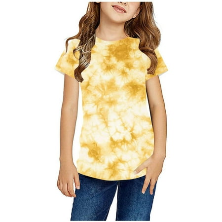 Girl s Short Sleeve T Shirt Kids Fashion Tee Tie Dye Crewneck Rolled Cuffs Crop Top for 5-14 Years Yellow 5-6 Years