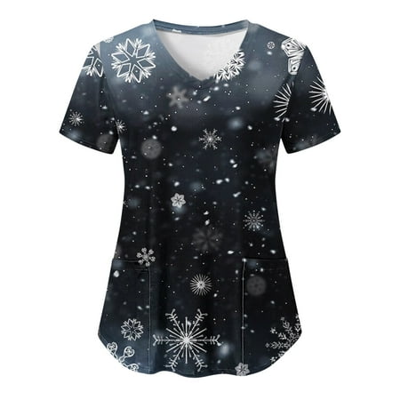

TAIAOJING Women Scrubs Top Casual Christmas Snowflake Fun Gradient Print Short Sleeve Workwear